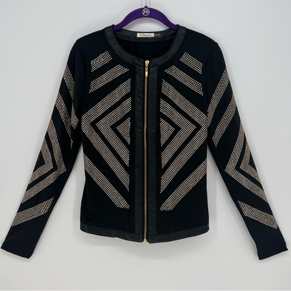 Carmin Womens Top or Jacket Gold Studded Vegan Leather Trim Full Zip Long Sleeve - Picture 12 of 15